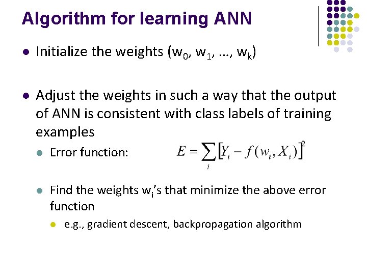 Algorithm for learning ANN l Initialize the weights (w 0, w 1, …, wk)