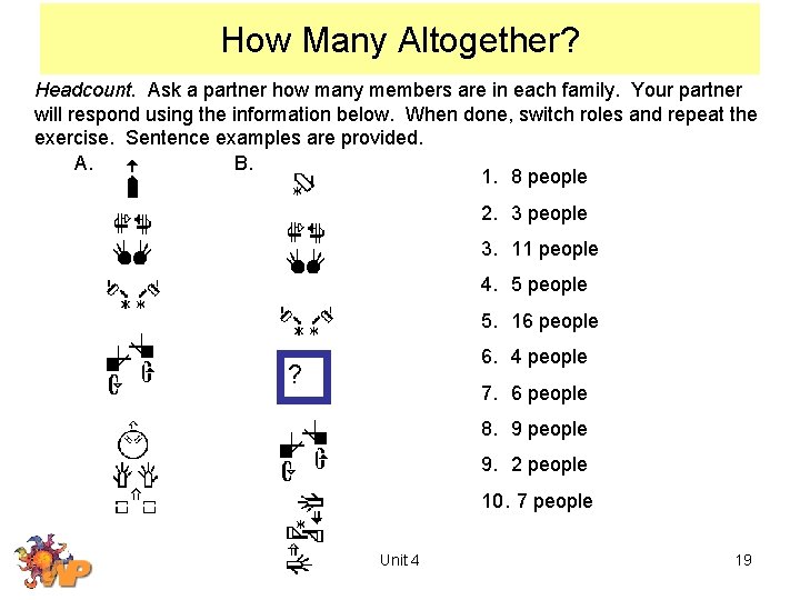 How Many Altogether? Headcount. Ask a partner how many members are in each family.