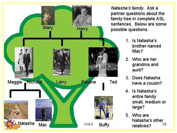 Mary Natasha’s family. Ask a partner questions about the family tree in complete ASL