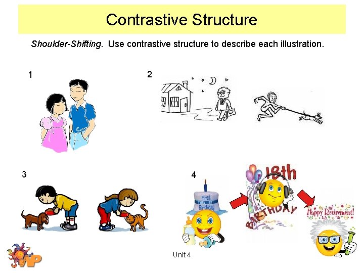 Contrastive Structure Shoulder-Shifting. Use contrastive structure to describe each illustration. 1 2 3 4