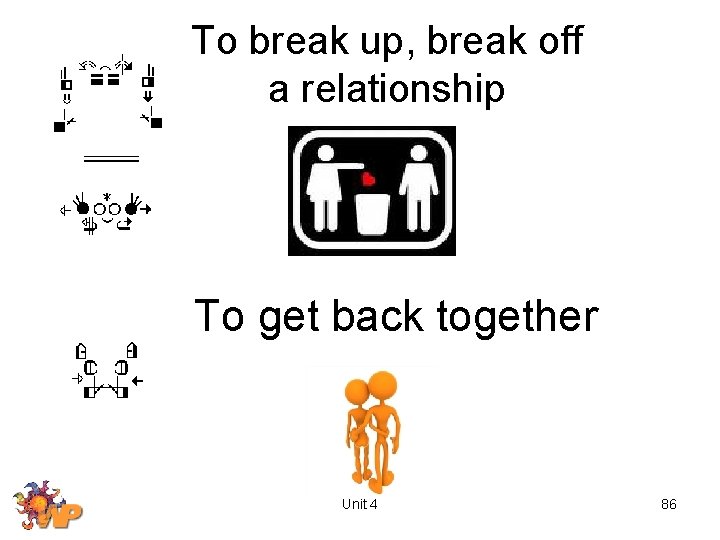 To break up, break off a relationship To get back together Unit 4 86