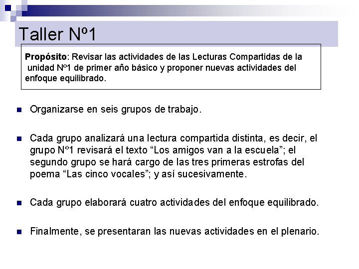 Taller Nº 1 Propósito: Revisar las actividades de las Lecturas Compartidas de la unidad Taller Nº 1 Propósito: Revisar las actividades de las Lecturas Compartidas de la unidad