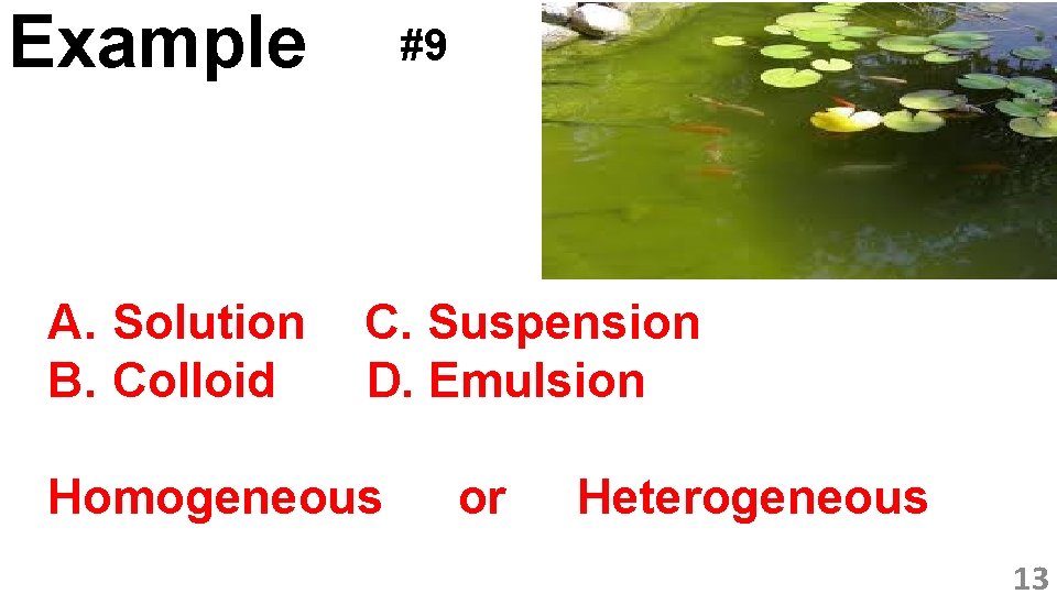 Example A. Solution B. Colloid #9 C. Suspension D. Emulsion Homogeneous or Heterogeneous 13