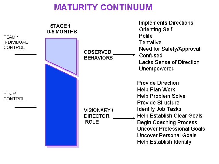 MATURITY CONTINUUM STAGE 1 0 -6 MONTHS TEAM / INDIVIDUAL CONTROL OBSERVED BEHAVIORS YOUR