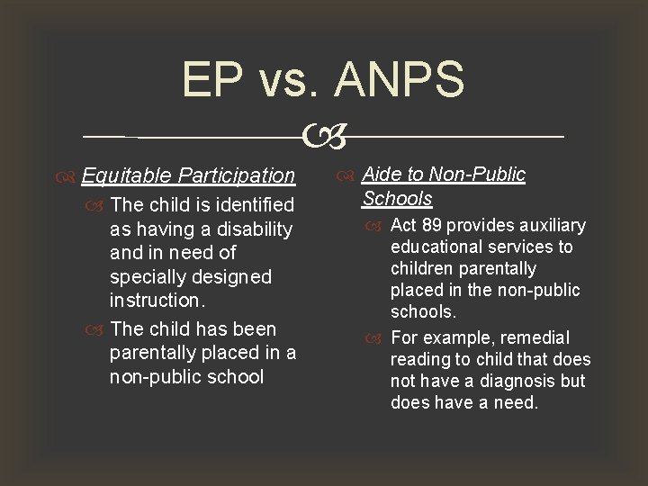 EP vs. ANPS Equitable Participation The child is identified as having a disability and