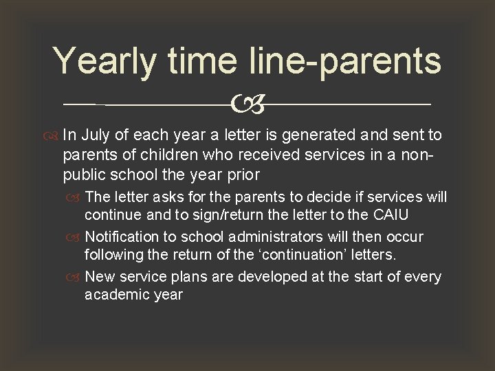 Yearly time line-parents In July of each year a letter is generated and sent