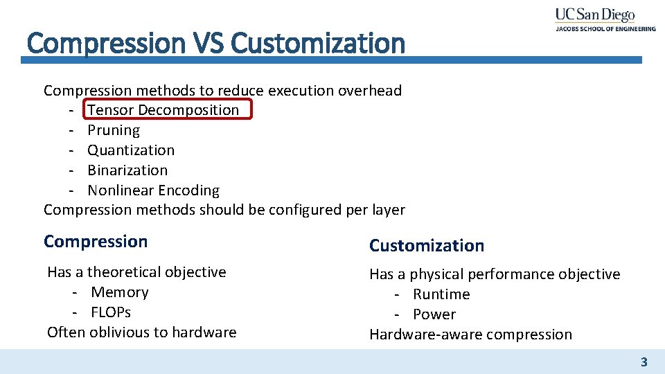 Compression VS Customization Compression methods to reduce execution overhead - Tensor Decomposition - Pruning Compression VS Customization Compression methods to reduce execution overhead - Tensor Decomposition - Pruning