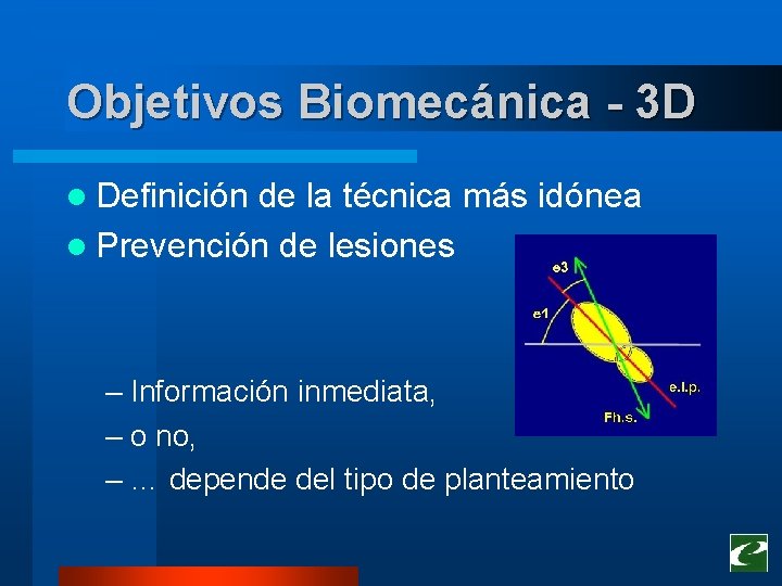 Objetivos Biomecánica - 3 D l Definición de la técnica más idónea l Prevención Objetivos Biomecánica - 3 D l Definición de la técnica más idónea l Prevención