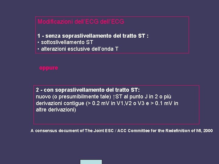 Modificazioni dell’ECG 1 - senza sopraslivellamento del tratto ST : • sottoslivellamento ST •