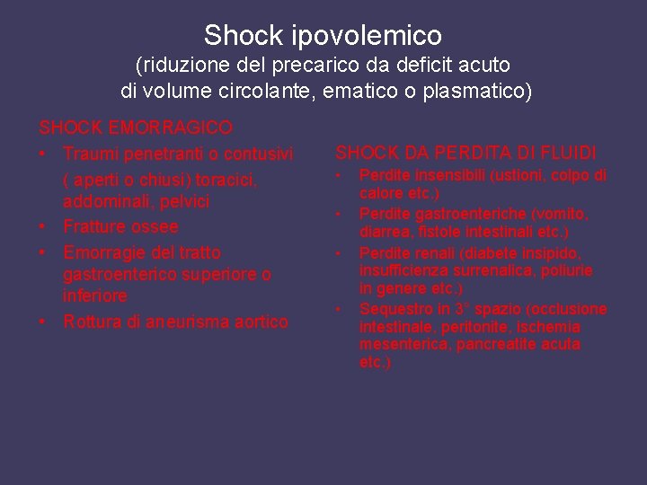 Shock ipovolemico (riduzione del precarico da deficit acuto di volume circolante, ematico o plasmatico)