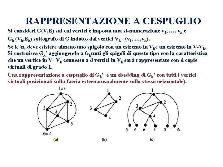RAPPRESENTAZIONE A CESPUGLIO Si consideri G(V, E) sui cui vertici è imposta una st-numerazione RAPPRESENTAZIONE A CESPUGLIO Si consideri G(V, E) sui cui vertici è imposta una st-numerazione