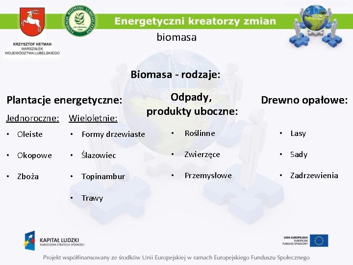 biomasa Biomasa - rodzaje: Plantacje energetyczne: Odpady, produkty uboczne: Drewno opałowe: Jednoroczne: Wieloletnie: •