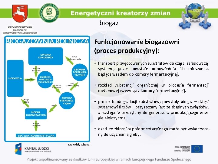 biogaz Funkcjonowanie biogazowni (proces produkcyjny): • transport przygotowanych substratów do części załadowczej systemu, gdzie