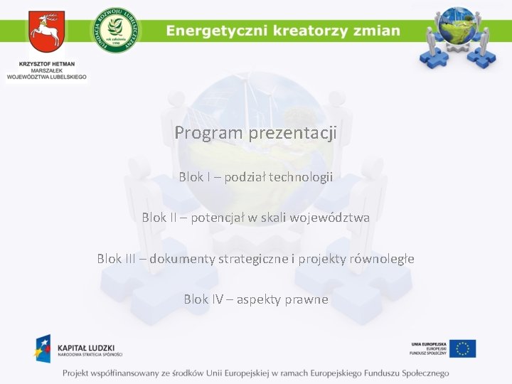 Program prezentacji Blok I – podział technologii Blok II – potencjał w skali województwa