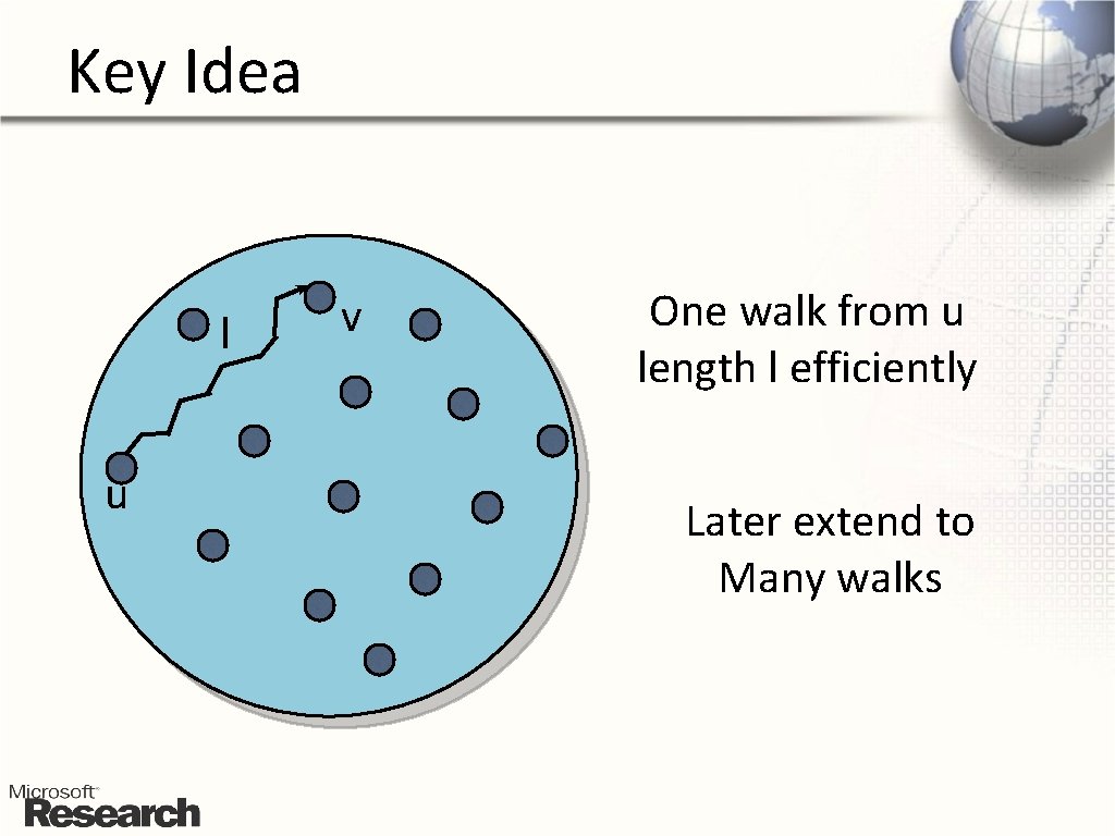 Key Idea l u v One walk from u length l efficiently Later extend