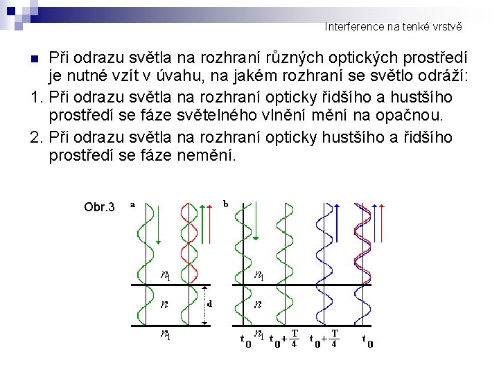 Interference na tenké vrstvě Při odrazu světla na rozhraní různých optických prostředí je nutné