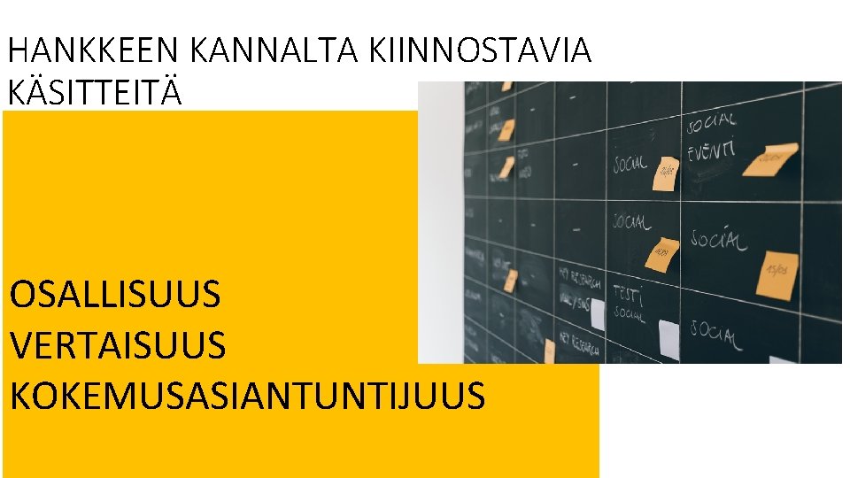 HANKKEEN KANNALTA KIINNOSTAVIA KÄSITTEITÄ OSALLISUUS VERTAISUUS KOKEMUSASIANTUNTIJUUS HANKKEEN KANNALTA KIINNOSTAVIA KÄSITTEITÄ OSALLISUUS VERTAISUUS KOKEMUSASIANTUNTIJUUS
