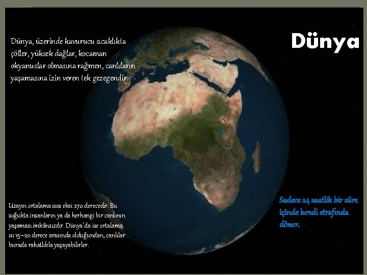 Dünya, üzerinde kavurucu sıcaklıkta çöller, yüksek dağlar, kocaman okyanuslar olmasına rağmen, canlıların yaşamasına izin