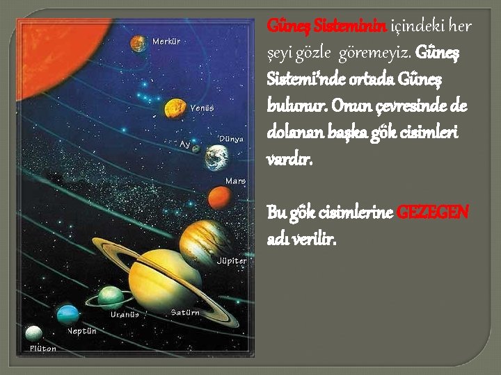 Güneş Sisteminin içindeki her şeyi gözle göremeyiz. Güneş Sistemi’nde ortada Güneş bulunur. Onun çevresinde