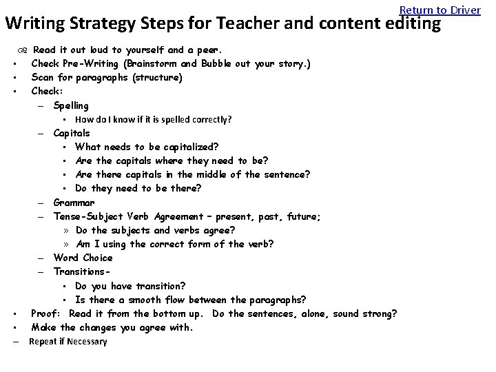 Return to Driver Writing Strategy Steps for Teacher and content editing Read it out