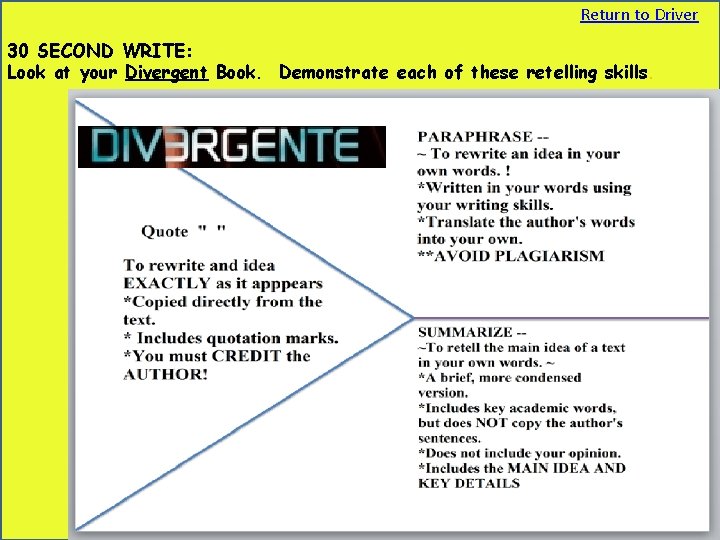 Return to Driver 30 SECOND WRITE: Look at your Divergent Book. Demonstrate each of