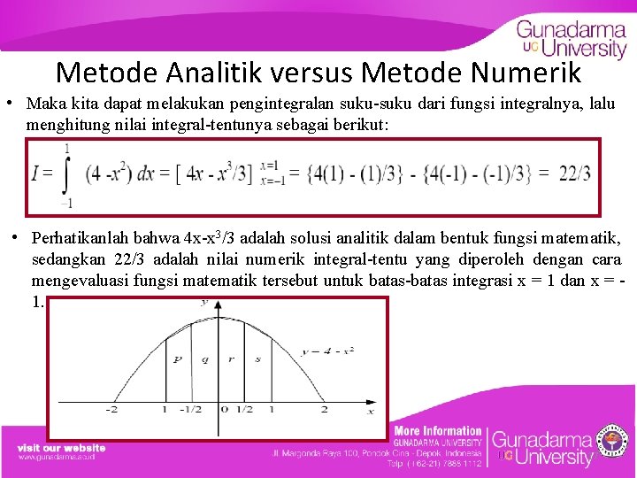 Metode Analitik versus Metode Numerik • Maka kita dapat melakukan pengintegralan suku-suku dari fungsi
