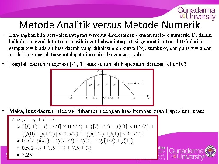 Metode Analitik versus Metode Numerik • Bandingkan bila persoalan integrasi tersebut diselesaikan dengan metode