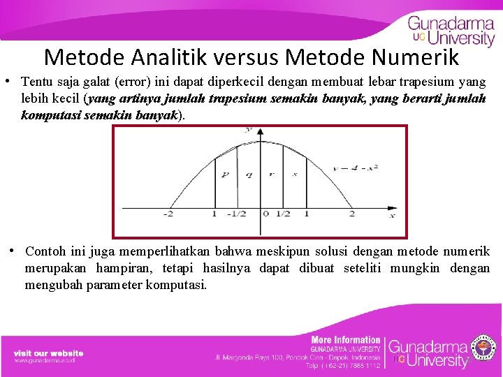 Metode Analitik versus Metode Numerik • Tentu saja galat (error) ini dapat diperkecil dengan