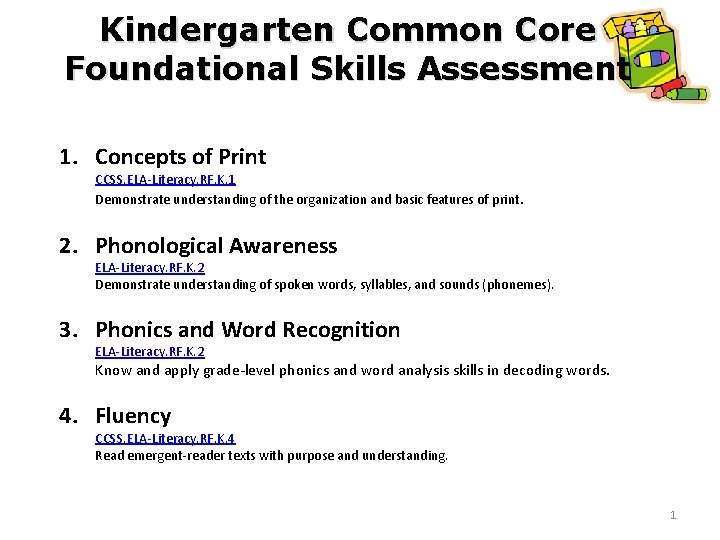 Kindergarten Common Core Foundational Skills Assessment 1. Concepts of Print CCSS. ELA-Literacy. RF. K.