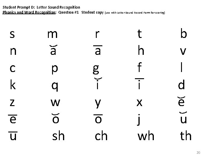 Student Prompt D: Letter Sound Recognition Phonics and Word Recognition: Question #1 Student copy