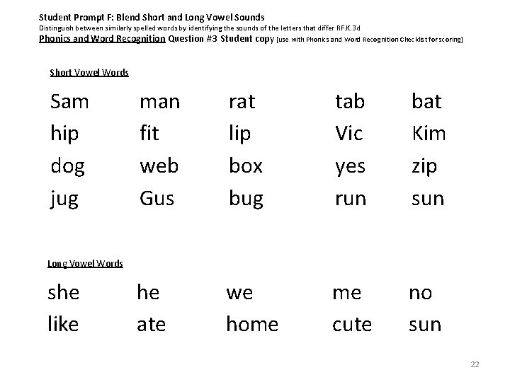 Student Prompt F: Blend Short and Long Vowel Sounds Distinguish between similarly spelled words