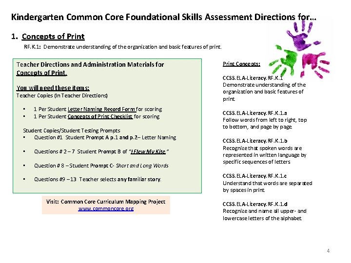 Kindergarten Common Core Foundational Skills Assessment Directions for… 1. Concepts of Print RF. K.