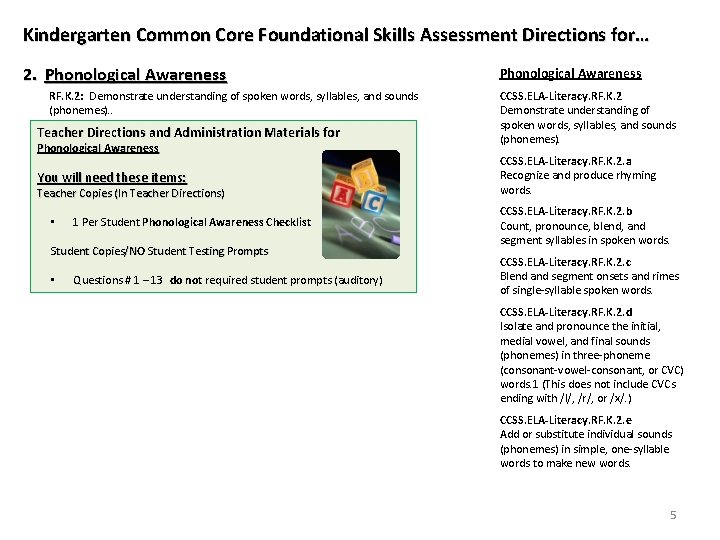 Kindergarten Common Core Foundational Skills Assessment Directions for… 2. Phonological Awareness RF. K. 2: