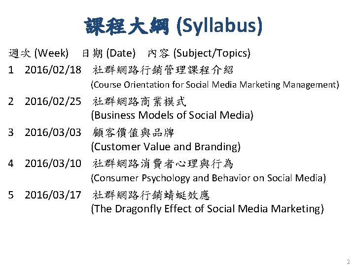 課程大綱 (Syllabus) 週次 (Week) 日期 (Date) 內容 (Subject/Topics) 1 2016/02/18 社群網路行銷管理課程介紹 (Course Orientation for