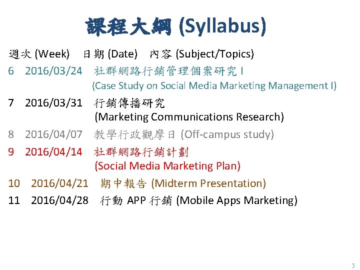 課程大綱 (Syllabus) 週次 (Week) 日期 (Date) 內容 (Subject/Topics) 6 2016/03/24 社群網路行銷管理個案研究 I (Case Study