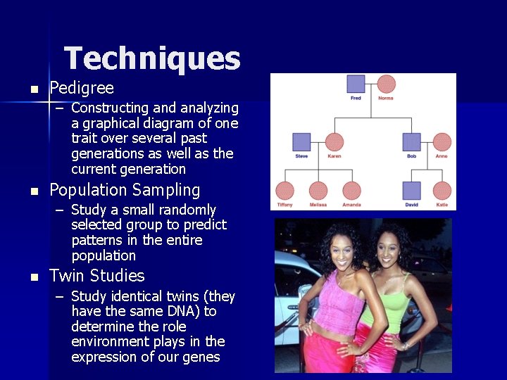 Techniques n Pedigree – Constructing and analyzing a graphical diagram of one trait over