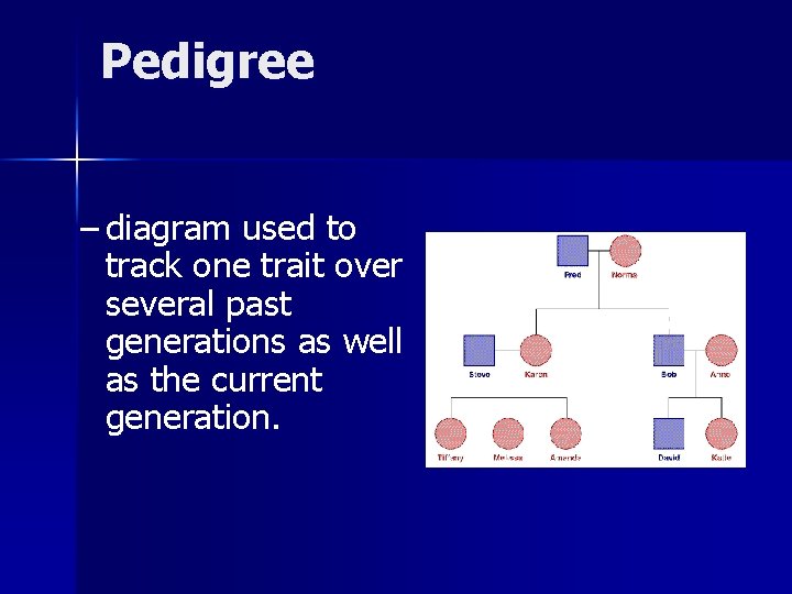Pedigree – diagram used to track one trait over several past generations as well