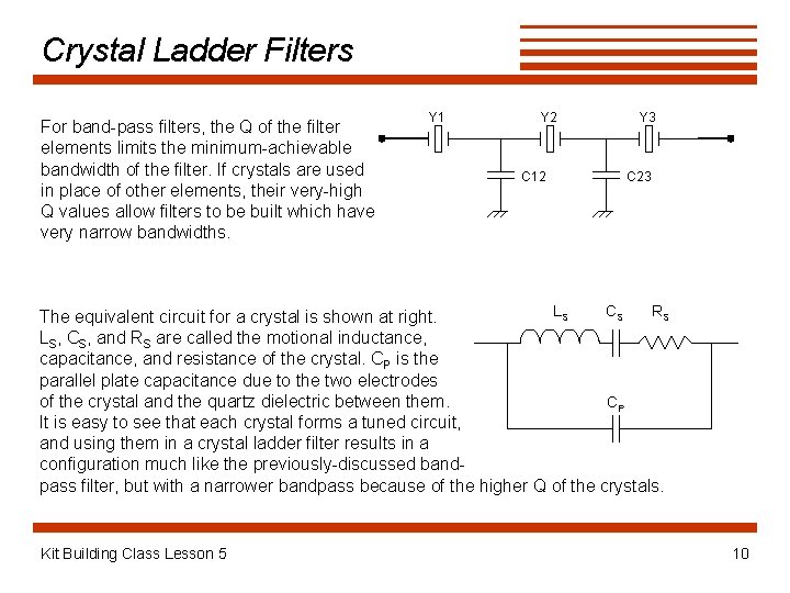 Crystal Ladder Filters For band-pass filters, the Q of the filter elements limits the