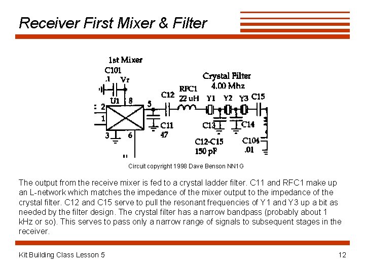 Receiver First Mixer & Filter Circuit copyright 1998 Dave Benson NN 1 G The