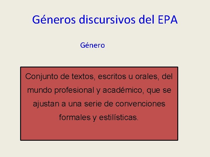 Géneros discursivos del EPA Género Conjunto de textos, escritos u orales, del mundo profesional
