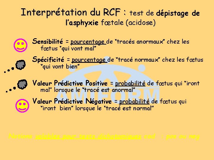 Interprétation du RCF : test de dépistage de l’asphyxie fœtale (acidose) Sensibilité = pourcentage Interprétation du RCF : test de dépistage de l’asphyxie fœtale (acidose) Sensibilité = pourcentage