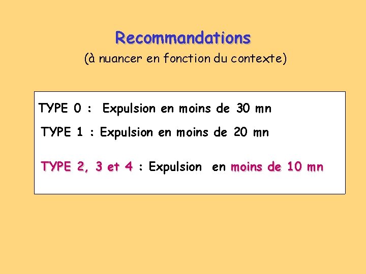 Recommandations (à nuancer en fonction du contexte) TYPE 0 : Expulsion en moins de Recommandations (à nuancer en fonction du contexte) TYPE 0 : Expulsion en moins de