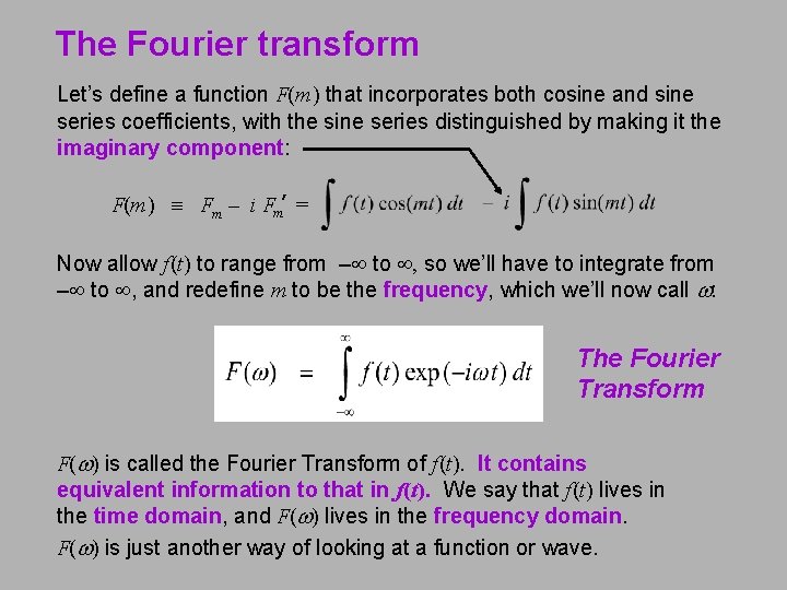 The Fourier transform Let’s define a function F(m) that incorporates both cosine and sine