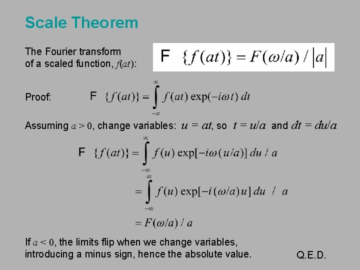 Scale Theorem The Fourier transform of a scaled function, f(at): Proof: Assuming a >