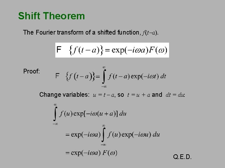 Shift Theorem The Fourier transform of a shifted function, f(t-a). Proof: Change variables: u