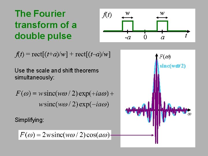 The Fourier transform of a double pulse f(t) = rect[(t+a)/w] + rect[(t-a)/w] Use the
