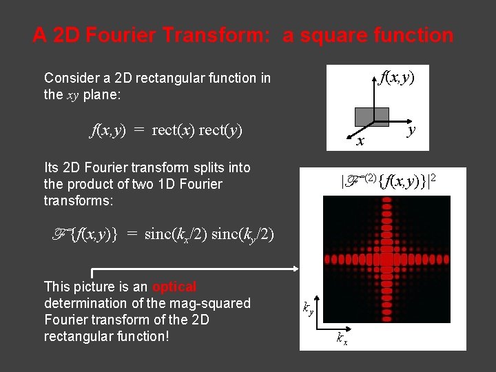 A 2 D Fourier Transform: a square function f(x, y) Consider a 2 D