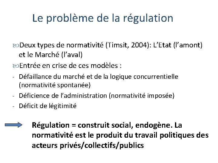 Le problème de la régulation Deux types de normativité (Timsit, 2004): L’Etat (l’amont) et