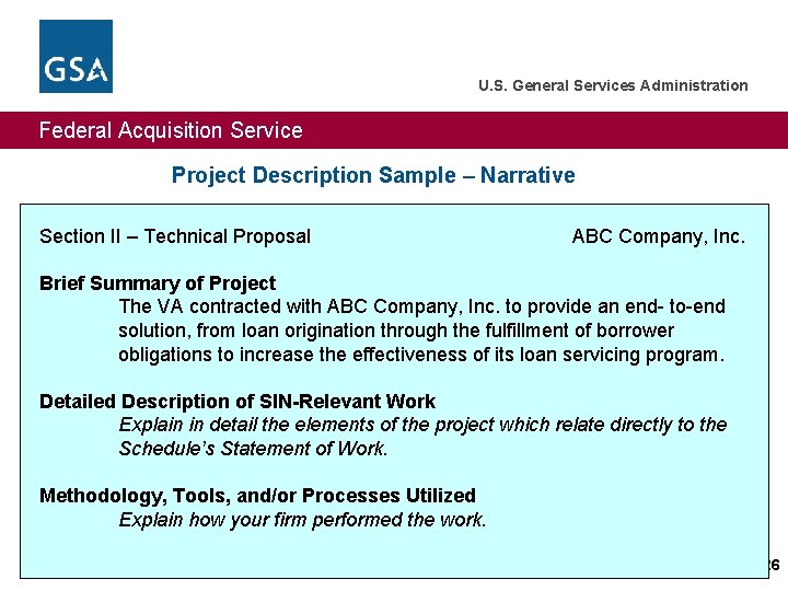 U. S. General Services Administration Federal Acquisition Service Project Description Sample – Narrative Section