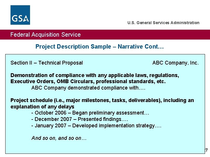 U. S. General Services Administration Federal Acquisition Service Project Description Sample – Narrative Cont…